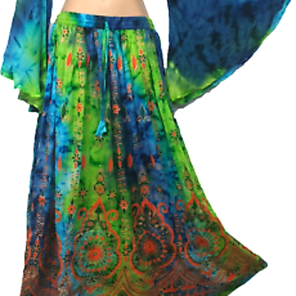 Boho 2 Piece Blue & Green Multicolor Tie Dye Top & Skirt Set - Picture 2 of 5